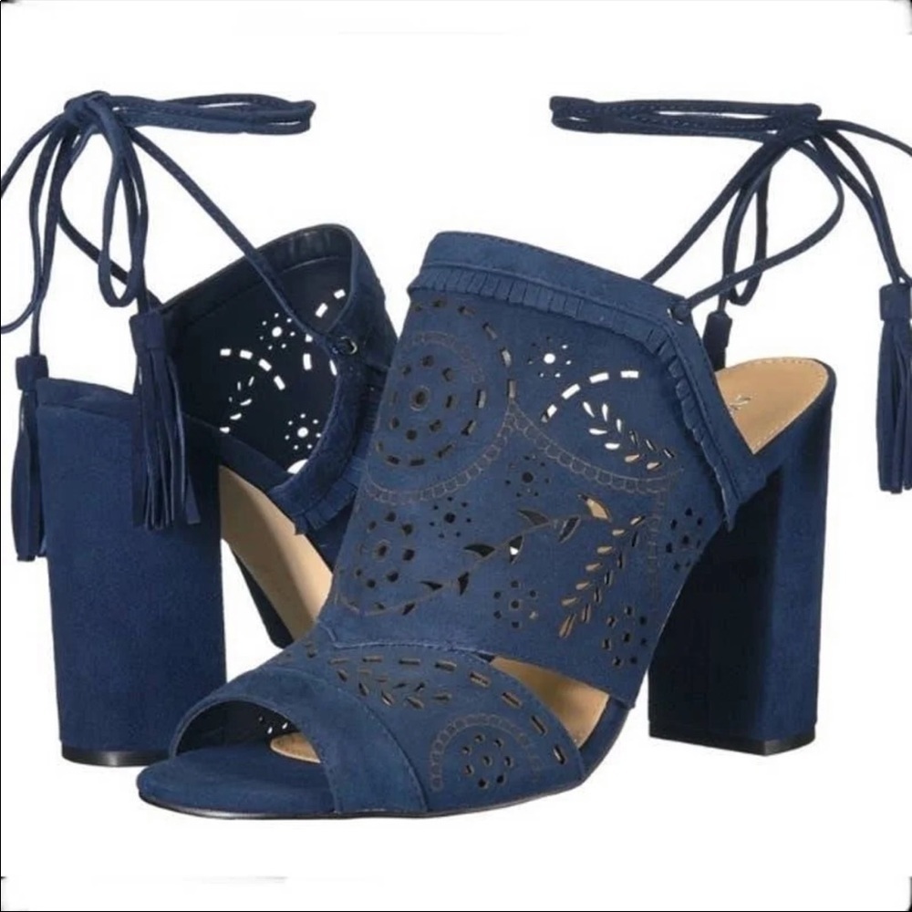 Ivanka Trump blue suede fringe lace up heels